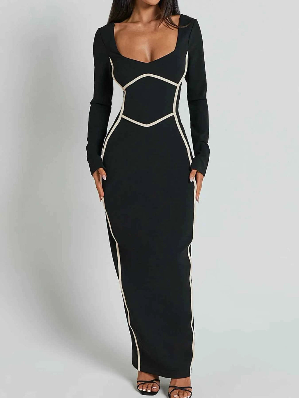 Contrast Trim Long Sleeve Bodycon Maxi Dress Black 020a9d45-8039-498a-8be0-69cd3e63d5f9-Max-Origin