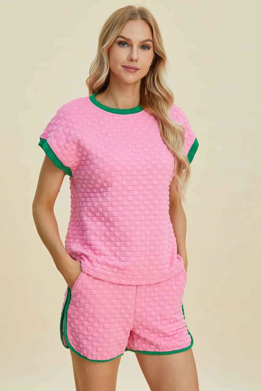 Double Take Full Size Texture Contrast T-Shirt and Shorts Set Pink 0212b0cd-77c8-40ec-954f-85f97aa159f1-Max