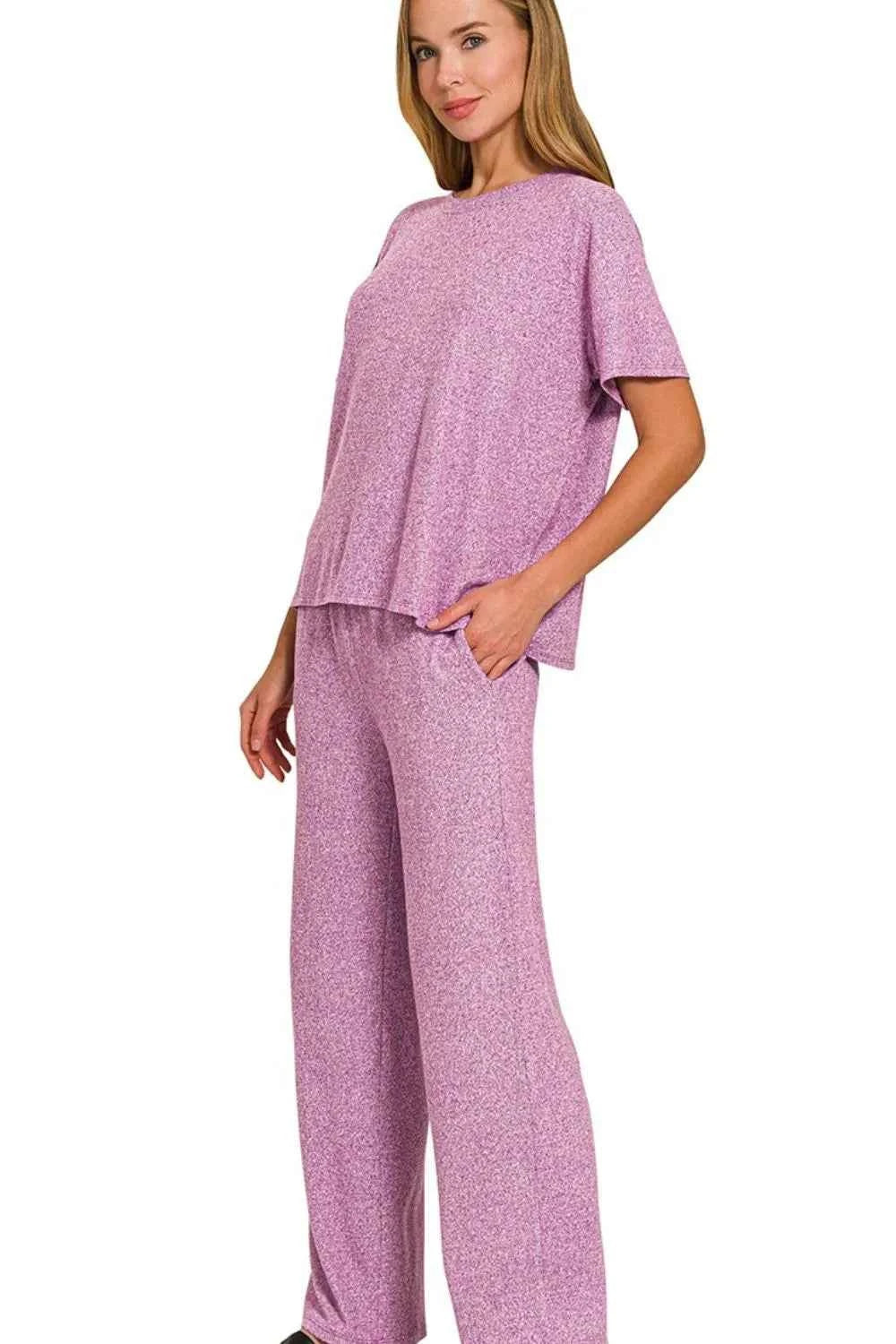 Zenana Soft Melange Short Sleeve Tee & Long Pants Set LT PLUM 0216fb12-772c-4858-b138-f737a0a3ba8d-Max-Origin
