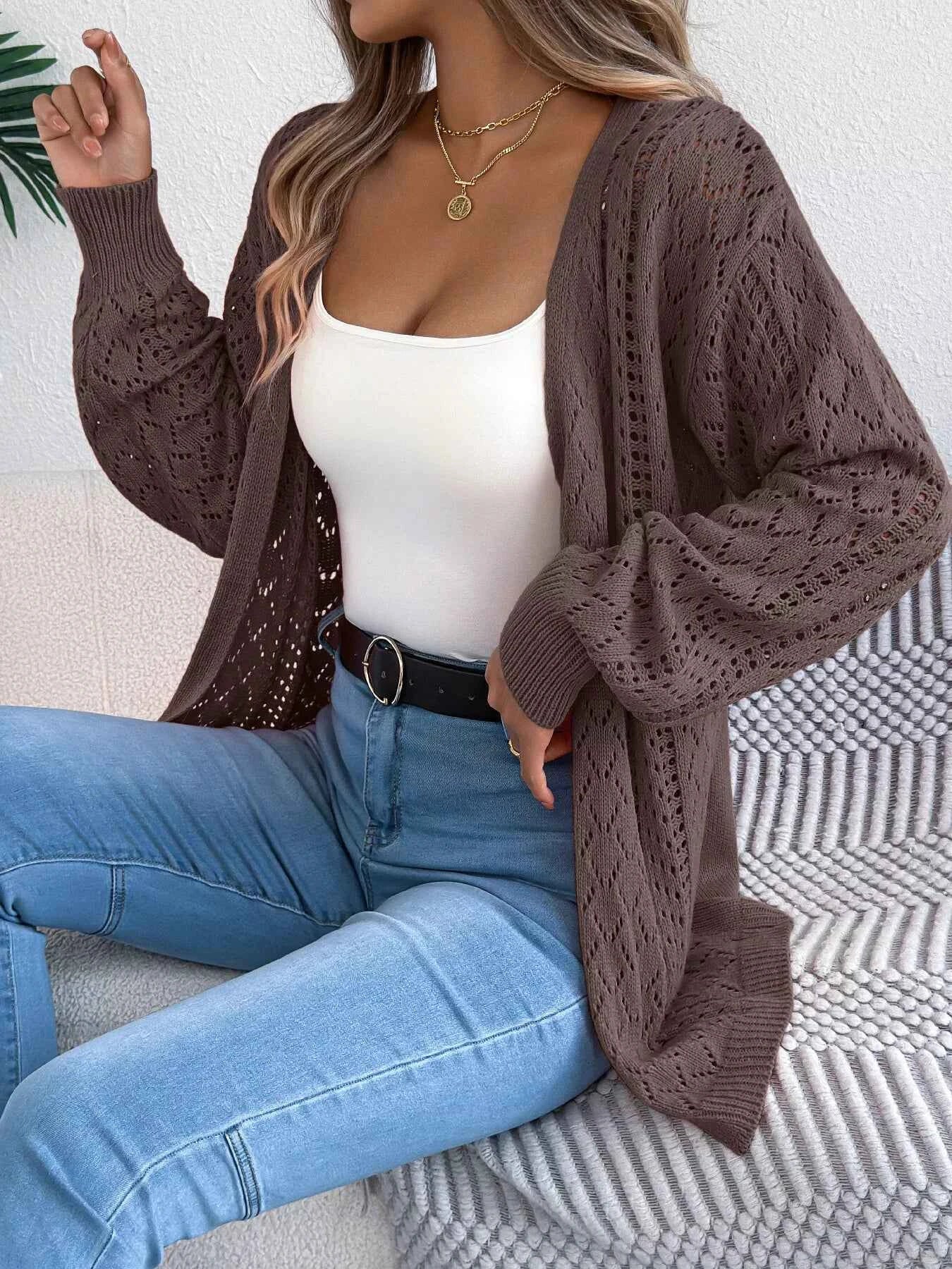 Openwork Open-Front Long Sleeve Cardigan Brown 021d38ee81c34bab98e5bef05bef2886-Max-Origin