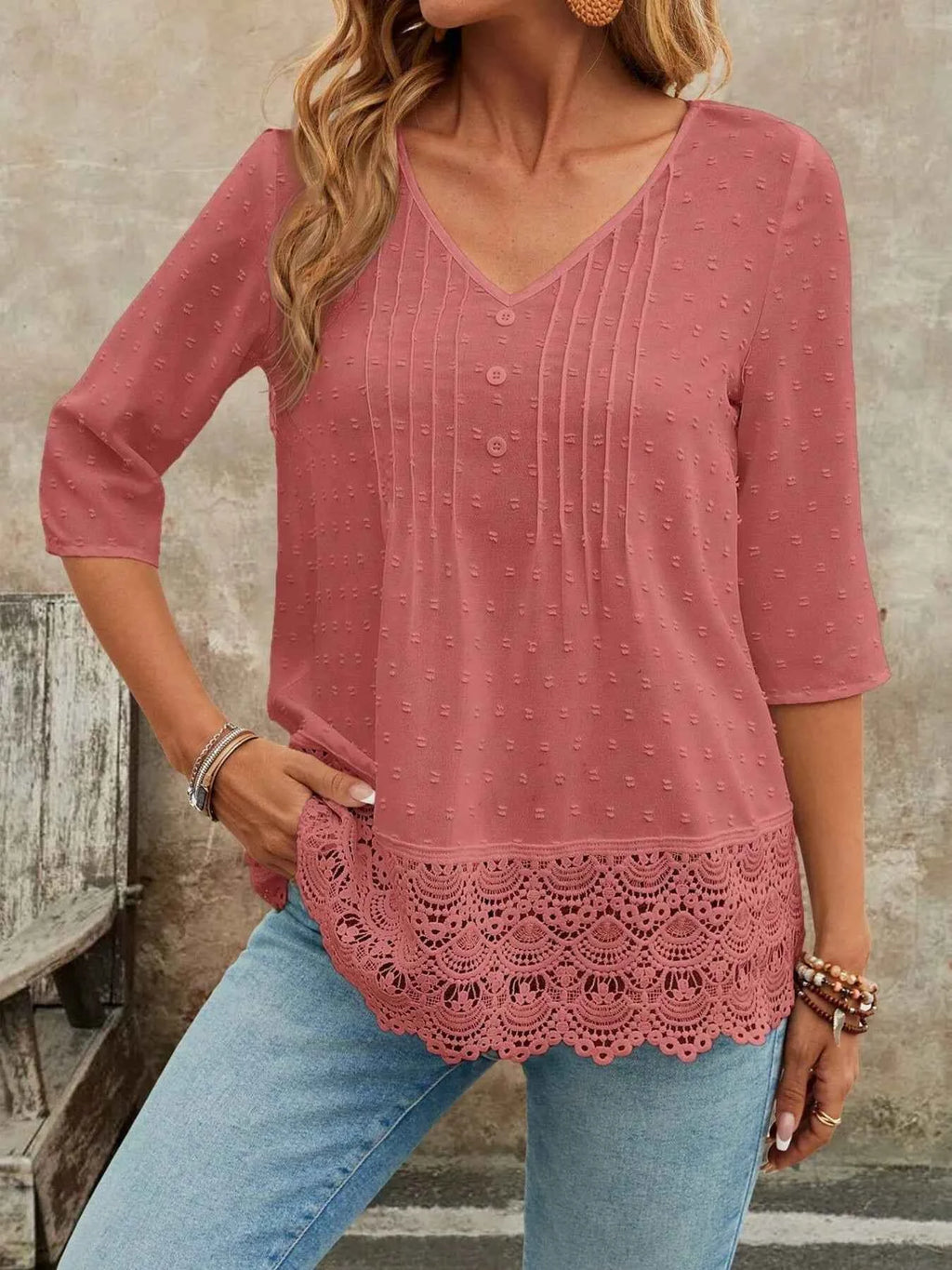 Lace Hem V-Neck Blouse 0227a933a5e04029b7621a23cb79795e-Max-Origin
