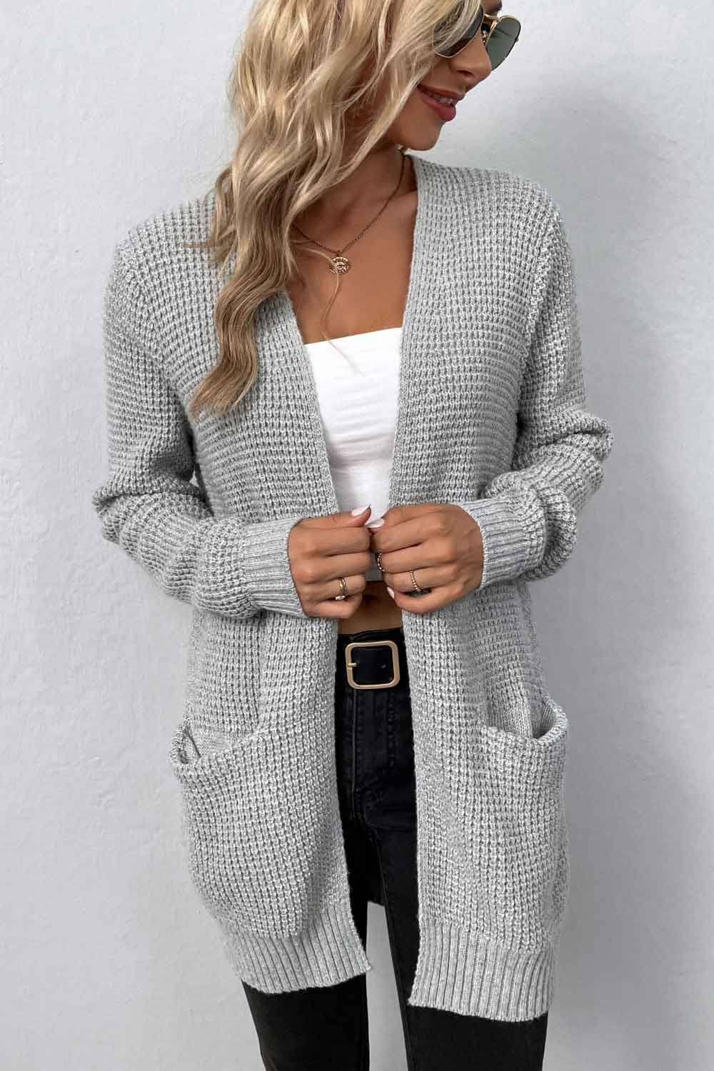Rib-Knit Open Front Pocketed Cardigan Light Gray 0231082ade2646fabc1a727e14fa675b-Max