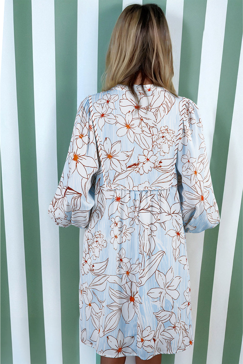 Brown Floral Print Tie Neck Long Sleeve Mini Dress 023559eda025dfb9