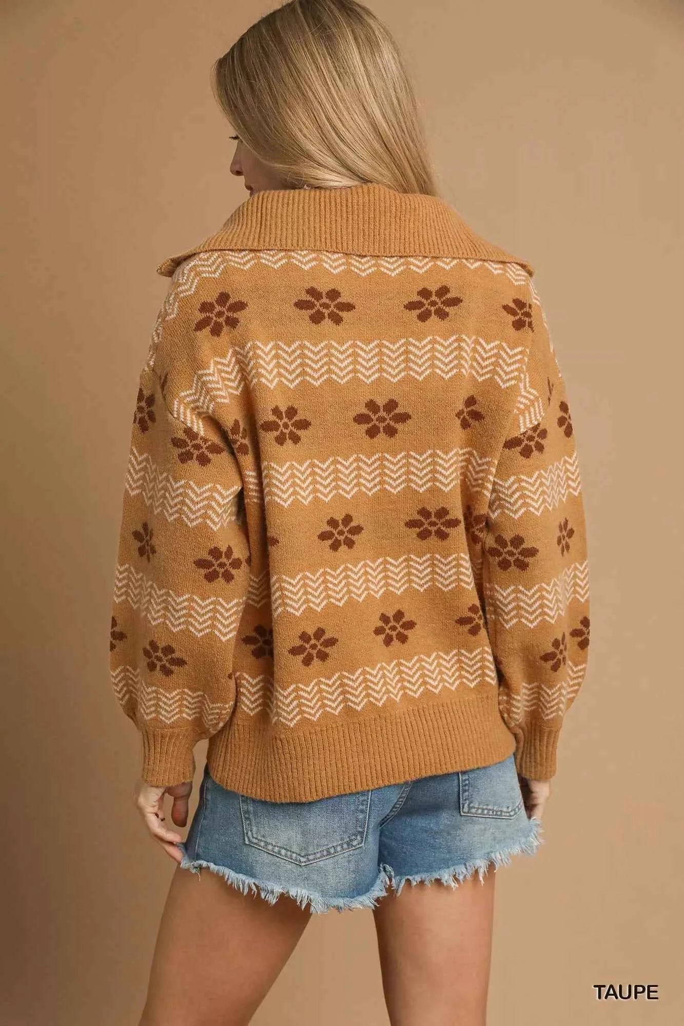 Umgee Floral Patterned Jacquard Quarter-Zip Pullover Sweater 0247b5d8-454e-48f8-b6b8-417112627aa8-Max-Origin