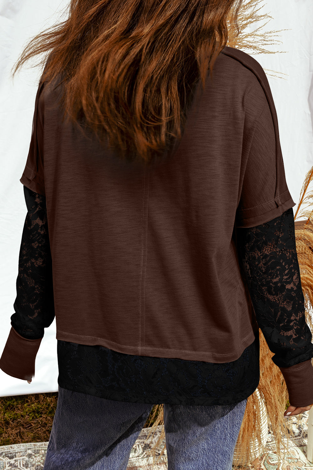 Light French Beige Sheer Lace Patchwork Casual Long Sleeve Tee 024aa90979966818