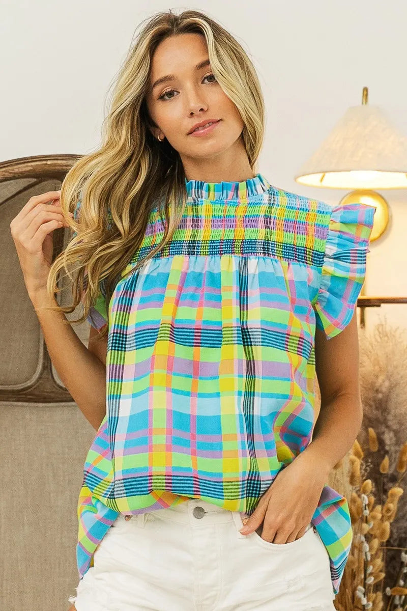 BiBi Multi Color Check Plaid Woven Top LT BLUE YELLOW 024b60ccd3c24590b6429fd3ac58129b-Max-Origin