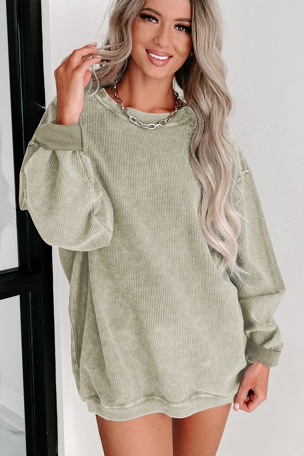 Green Ribbed Round Neck Drop Sleeve Pullover Sweatshirt 02631c0486083f3c
