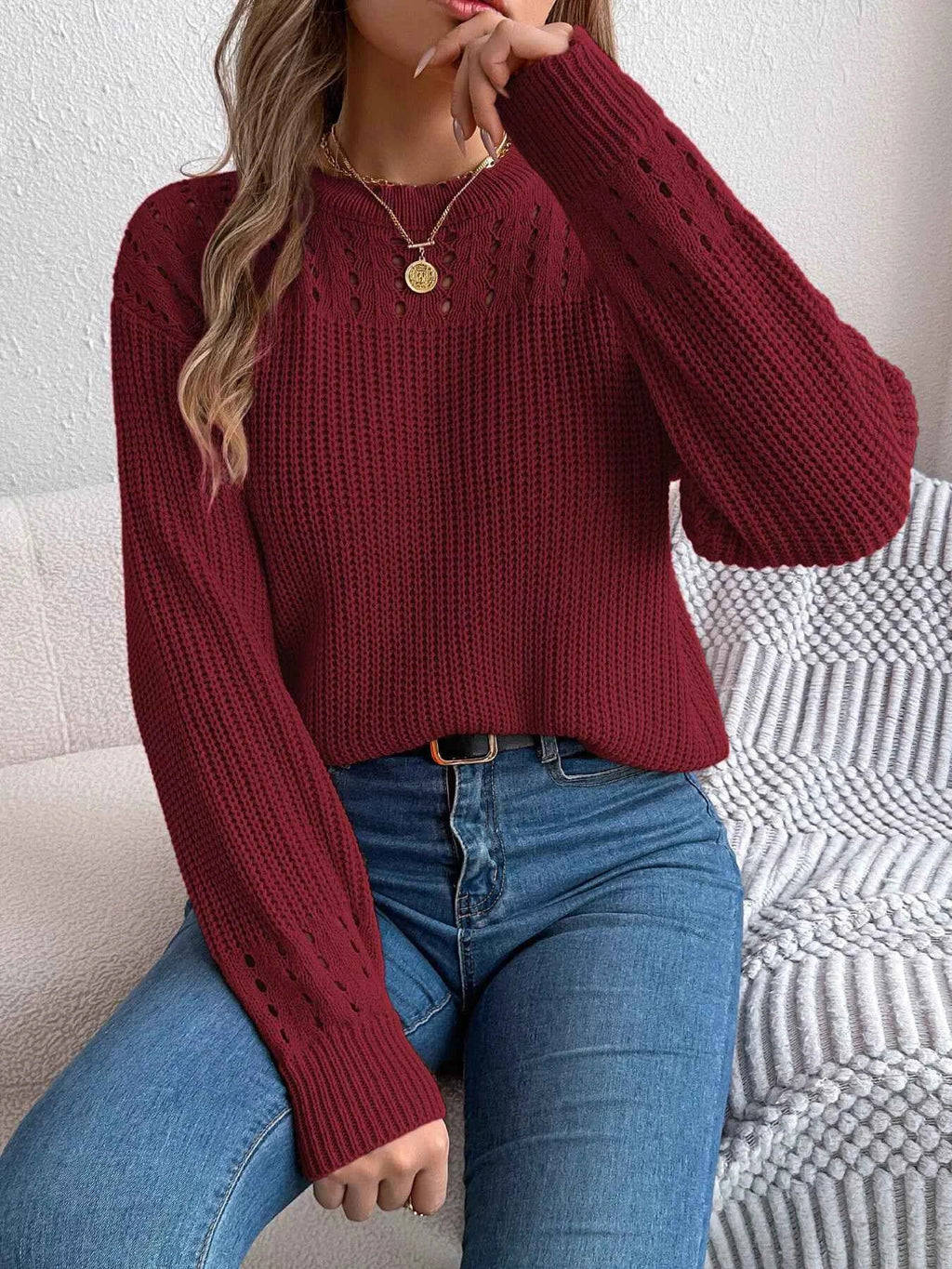Openwork Round Neck Long Sleeve Sweater Burgundy 0264c738ec52480293b86422f5dc39c4-Max-Origin