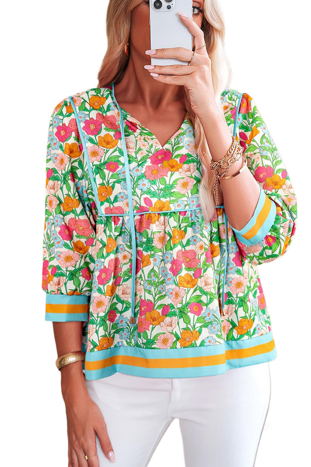 Green Floral Print Striped Trim Puff Sleeve Babydoll Blouse 026abe7aaaf9075c