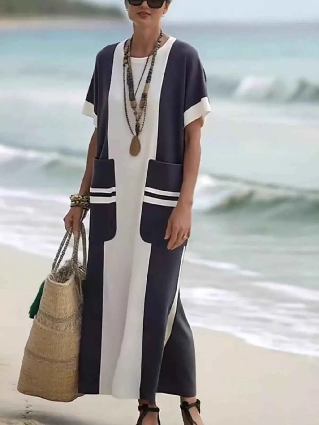 Full Size Color Block Short Sleeve Dress with Pockets Plus Size 026fc623033942819687e10d7e6d7849-Max-Origin