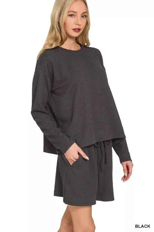 Zenana Corded Rib Long Sleeve Tee and Shorts Set BLACK 029cf121-7b31-41f2-a52b-fc4999b8a5c2-Max-Origin