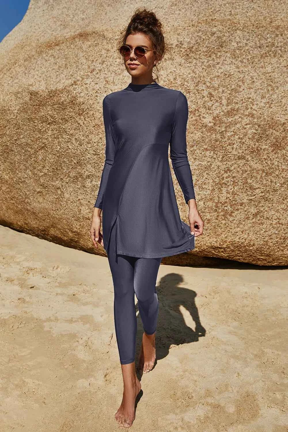 Slit Mock Neck Long Sleeve Top and Pants Swim Set 02a51685-a8fe-4845-ac0d-334db75adead-Max