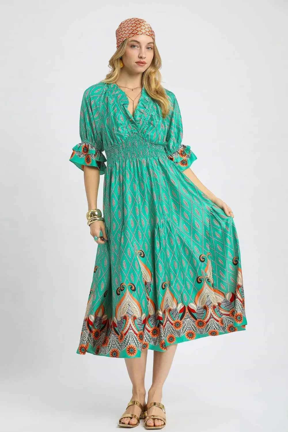 Umgee Printed Smocked Waist Flounce Sleeve Midi Dress Turquoise 02b32d88-28bb-406e-93ff-0c537c38cdec-Max-Origin