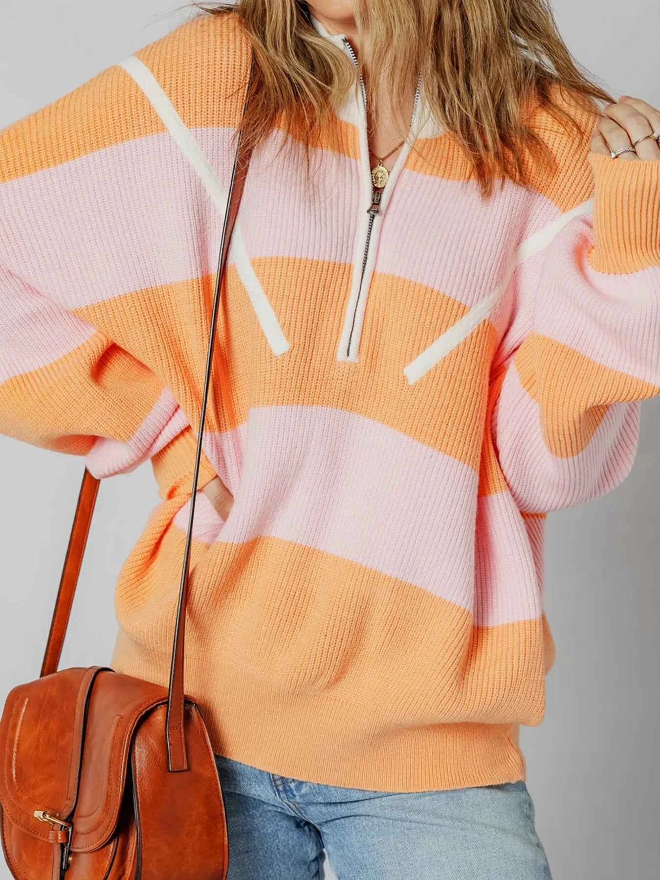 Stripe Color Block Half Zip Oversize Sweater 02b75c0f731447feb5e9254332811231-Max-Origin