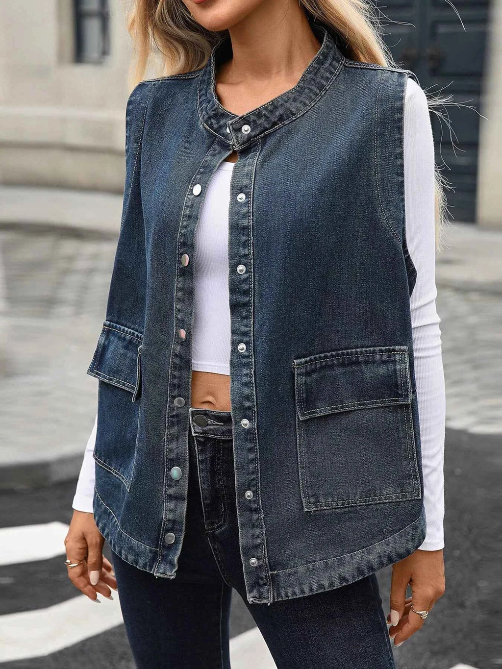 Snap Down Sleeveless Denim Jacket 02b9943af0a145d7b20ae0e27c405803-Max-Origin