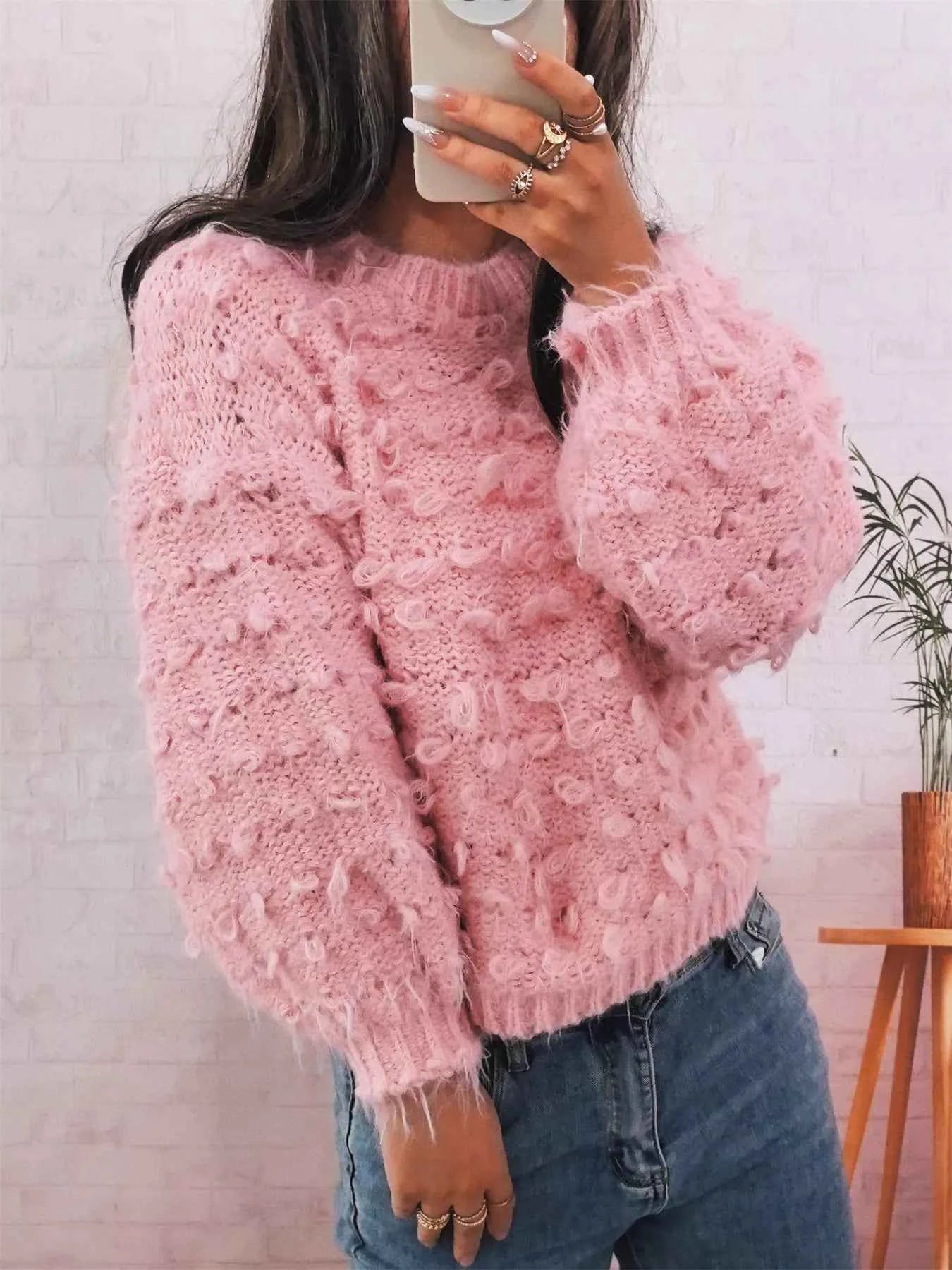 Chunky Round Neck Long Sleeve Sweater Pink One Size 02d94ae369934f07a164edd111361e09-Max-Origin