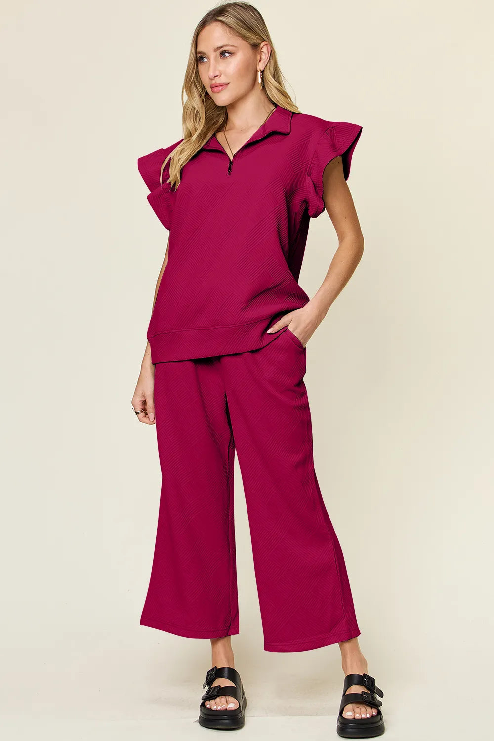 Double Take Texture Ruffle Short Sleeve Top and Drawstring Wide Leg Pants Set Deep Rose 02df68a0-3e76-49da-ae74-a022dc4f1a88-Max