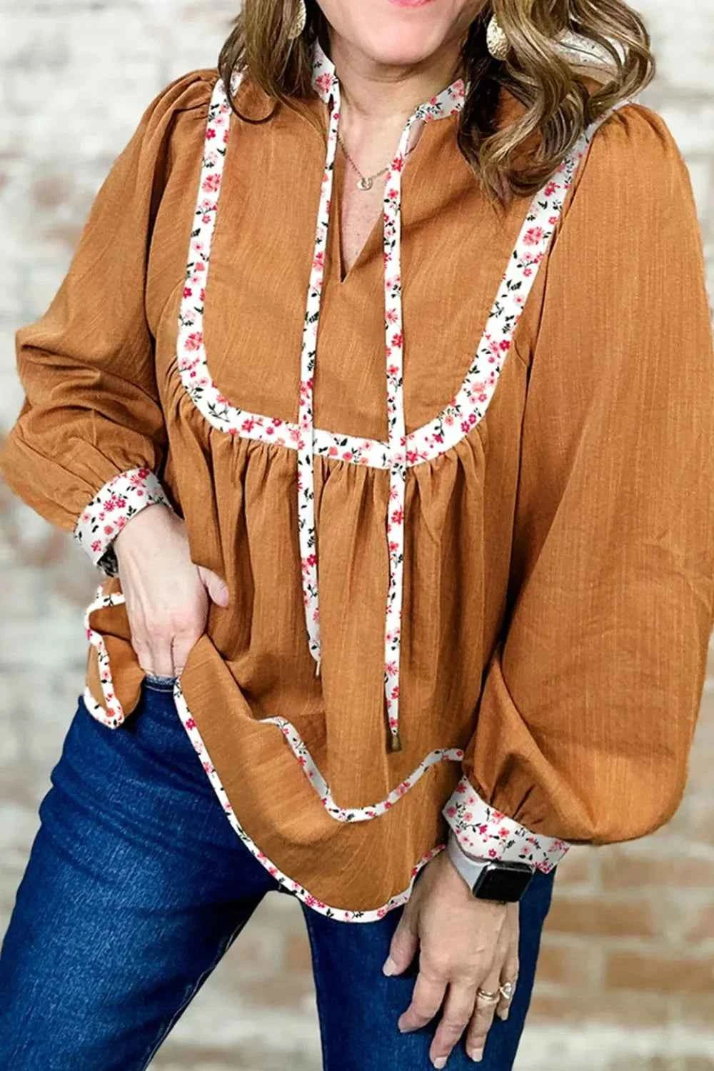 Floral Trim Long Sleeve Blouse Ochre 02ed3aba-43d9-4e93-b79e-36e81631f12b-Max-Origin