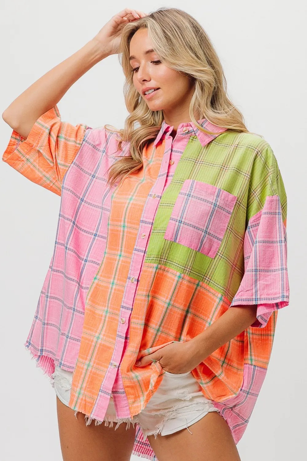 BiBi Plaid Collared Neck Half Sleeve Shirt 02fe7b43-7a7f-460e-bd06-96328d5c9faf-Max