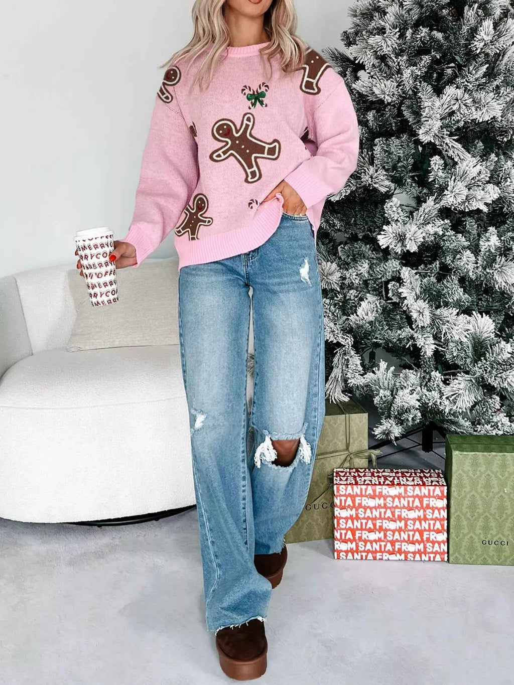 Christmas Ginger Bread Man Round Neck Casual Sweater 0300be7e-9547-44b9-a9e8-daf83a2460ec-Max-Origin