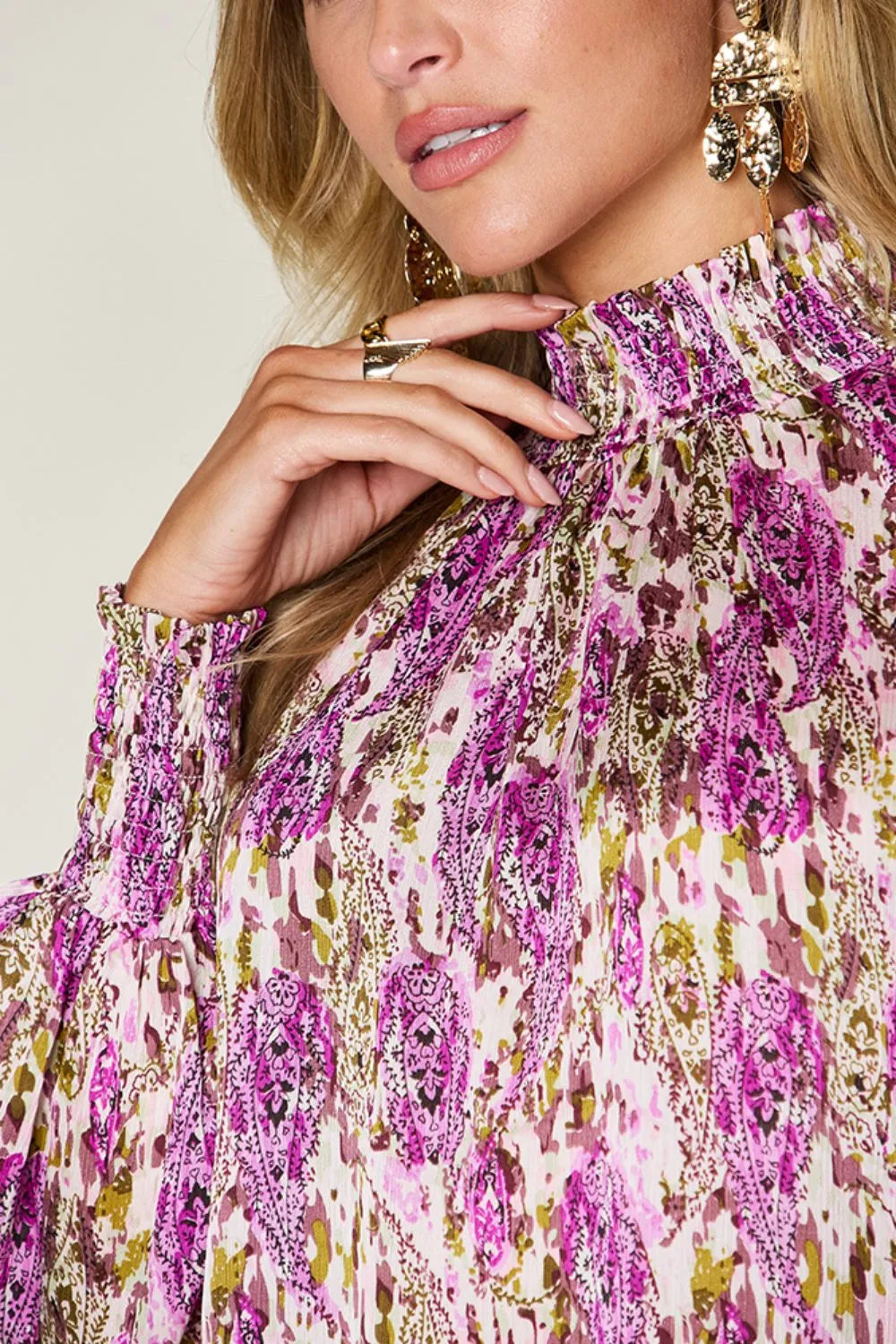 Double Take Full Size Printed Smocked Long Sleeve Blouse 0301483e-f1b7-4e89-a064-ba6cf7fa9d73-Max