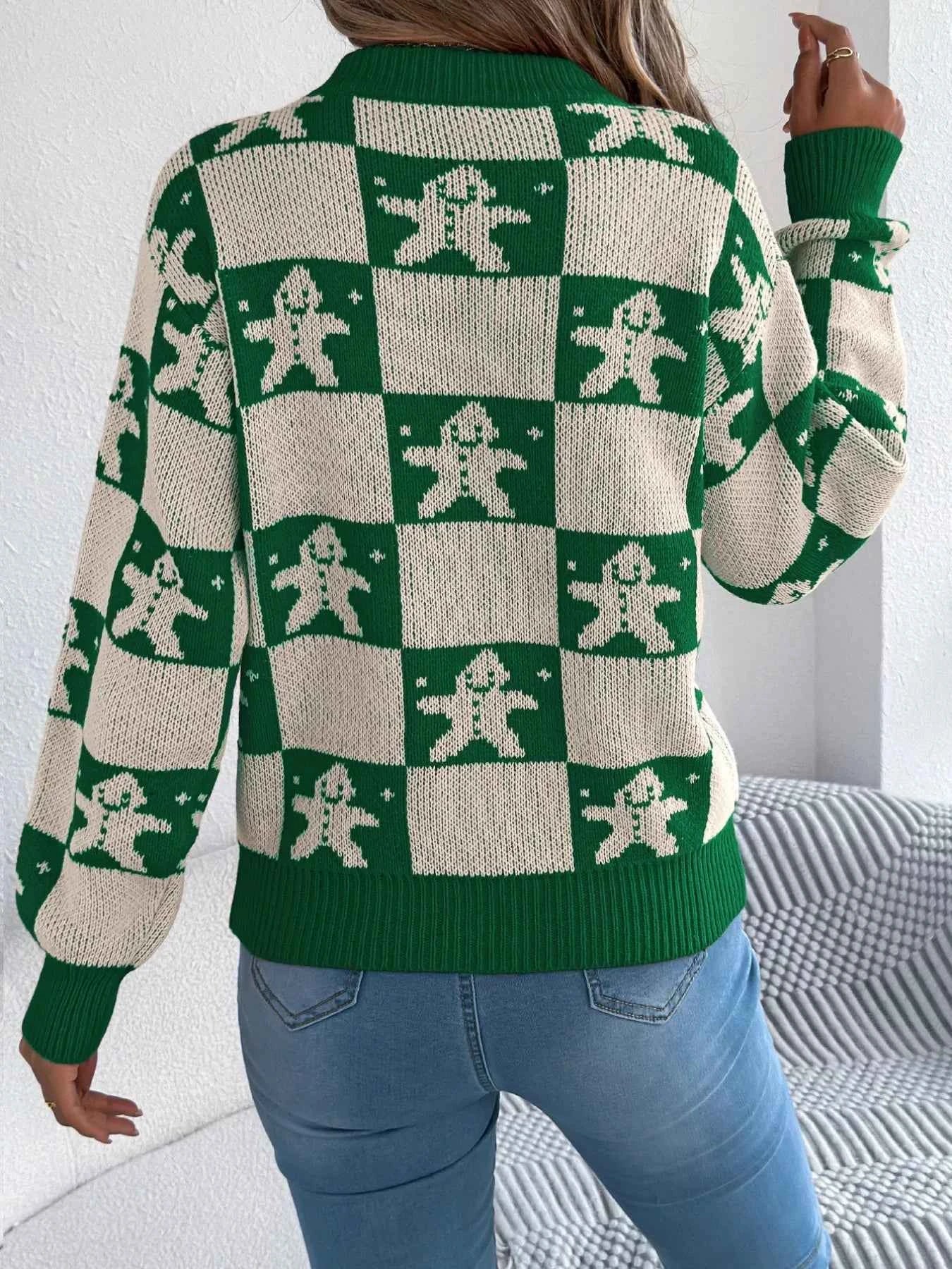 Christmas Checkerboard Gingerbread Round Neck Sweater 030a5e7c-b6c4-4317-afff-1a0682acb838-Max-Origin