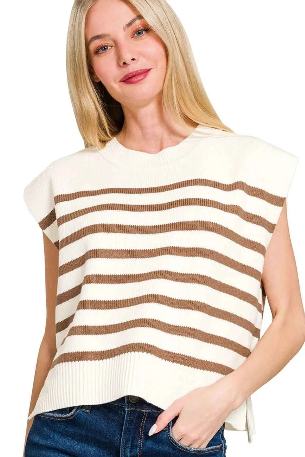 Zenana Oversized Crew Neck Stripe Sweater Vest MOCHA 0325facb-2413-4603-8255-5a9cea57b360-Max-Origin