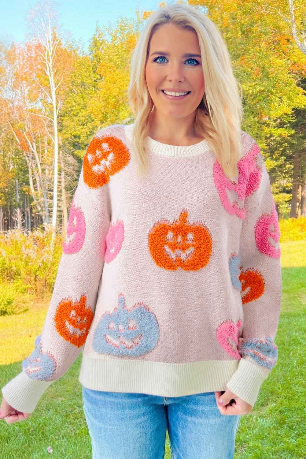 Beige Halloween Cute Pumpkin Pattern Sweater 03343073ef426e80