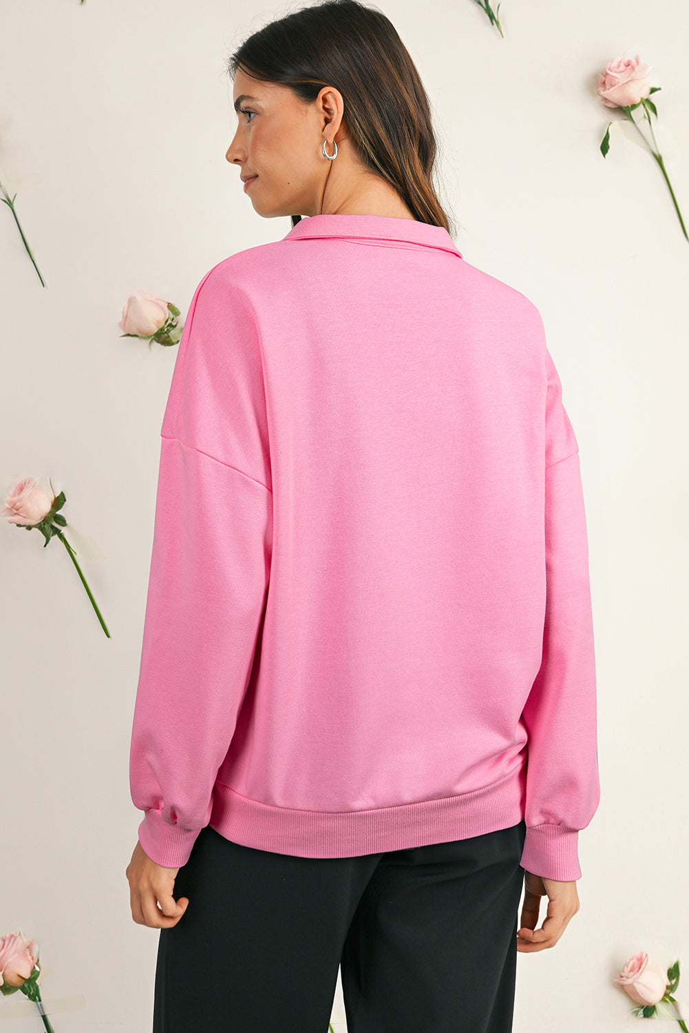 Sachet Pink Pop of Color Collared Patchwork Pullover Sweatshirt 033a19e15dab51fb