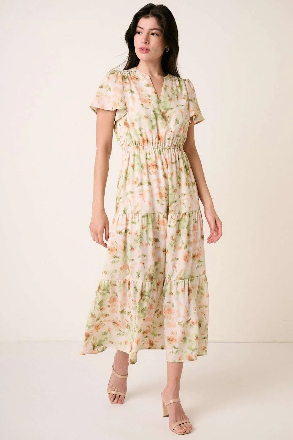 Mittoshop Flower Print Flutter Sleeve V Slit Maxi Dress SAGE 034f0b7a7b5c40e49660586241665568-Max-Origin