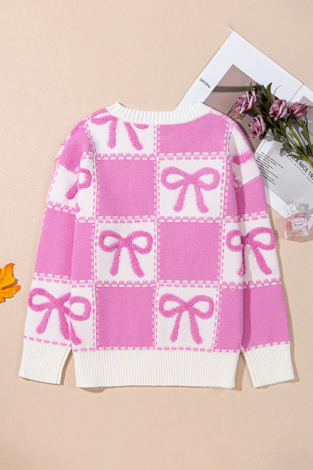 Pink Sweet Bow Two Tone Checkered Sweater 035eb393b0841a21