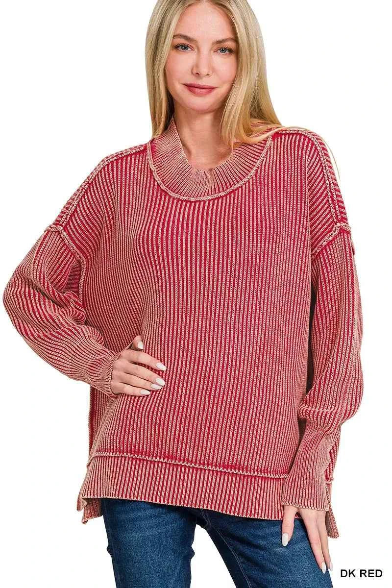 Zenana Washed Side Slit Oversized Sweater DK RED 0378990bd6d044c78123d082e65615c6-Max-Origin