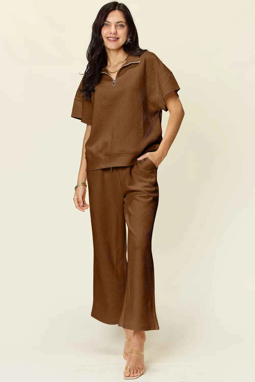 Double Take Full Size Texture Half Zip Short Sleeve Top and Pants Set Mocha 0389d3e0-291f-4808-9597-53fe8e8c0b48-Max