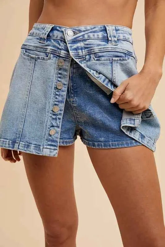 Annie Wear Button Detail Stretch Denim Wrap Mini Skort 039891c942ee444f875bad44b8d59b84-Max-Origin