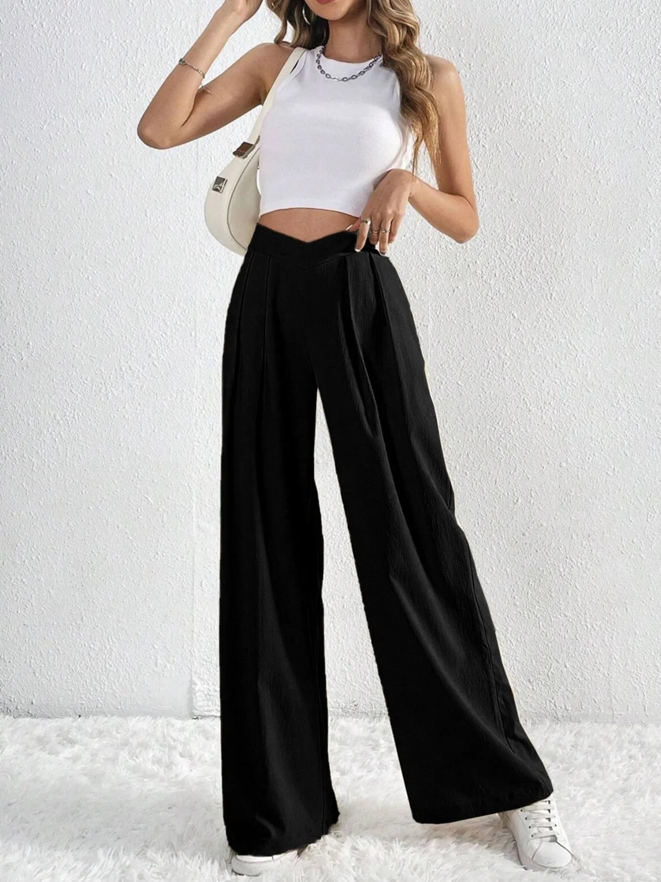 V-Waisted Ruched Front Wide Leg Pants Black 03bc84b57c1c4d8ba2a390d7111cbc9f-Max-Origin