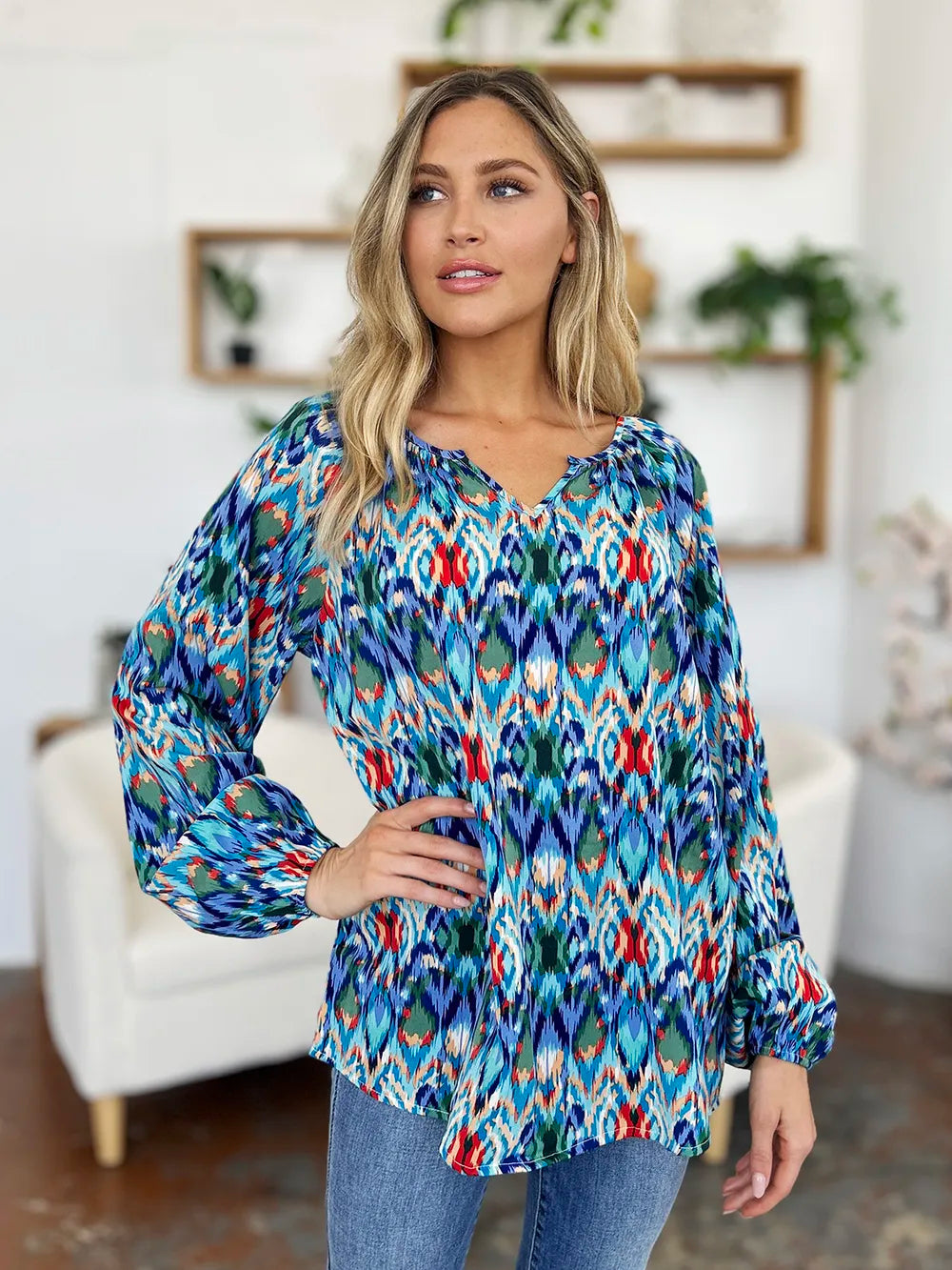 Double Take Full Size Printed Balloon Sleeve Blouse 03c8a1f4-7e6e-4397-8bba-05b8341b75ff-Max