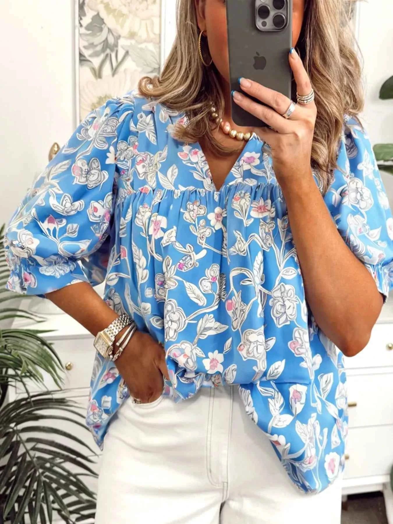 Notched Floral Print 3/4 Puff Sleeve Blouse Sky Blue 03d97802-47df-48de-82c0-e82b0684e571-Max-Origin