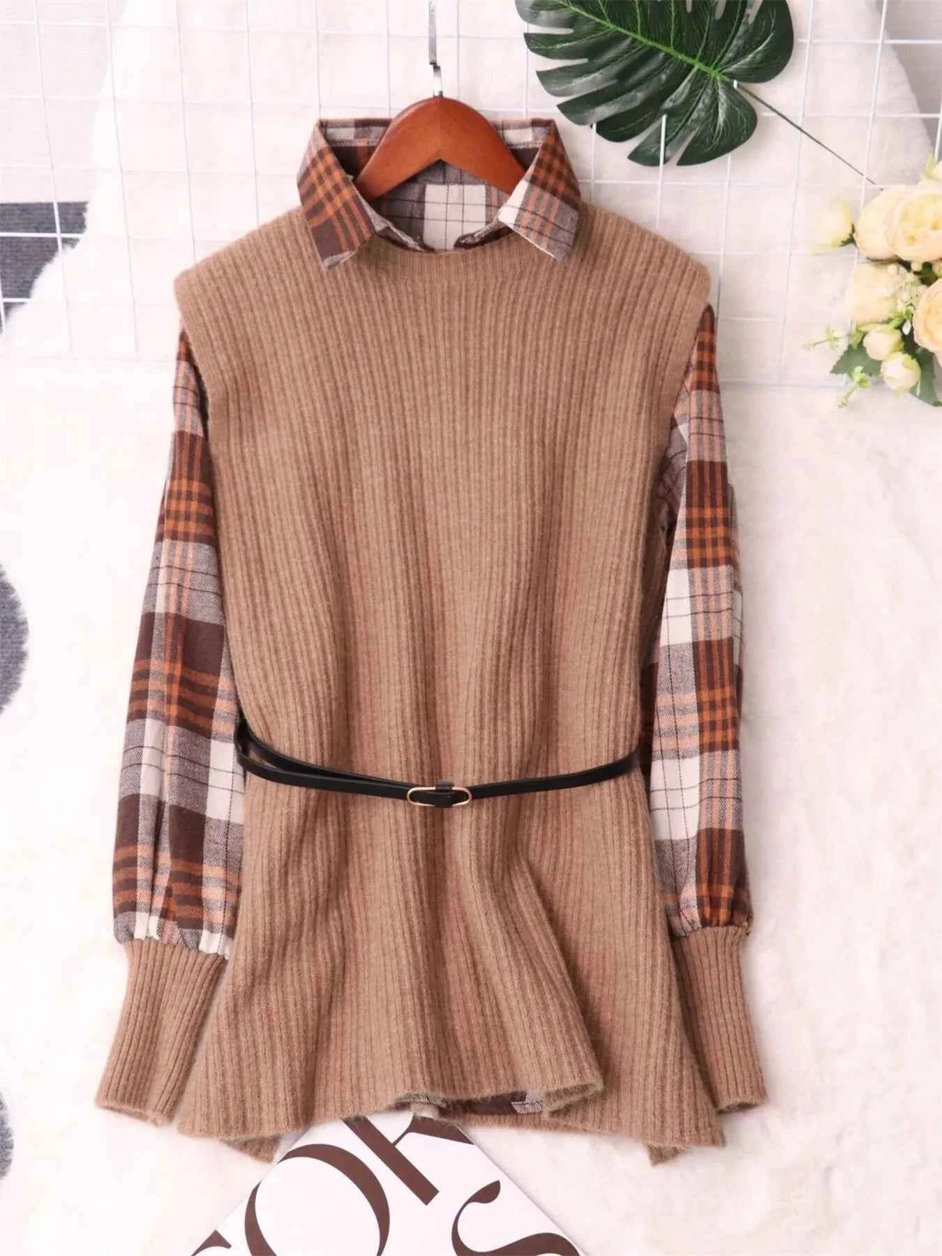 Plaid Long Sleeve Sweater Dress Brown One Size 03d9b59f788944ad84791fdfa5bafd7c-Max-Origin