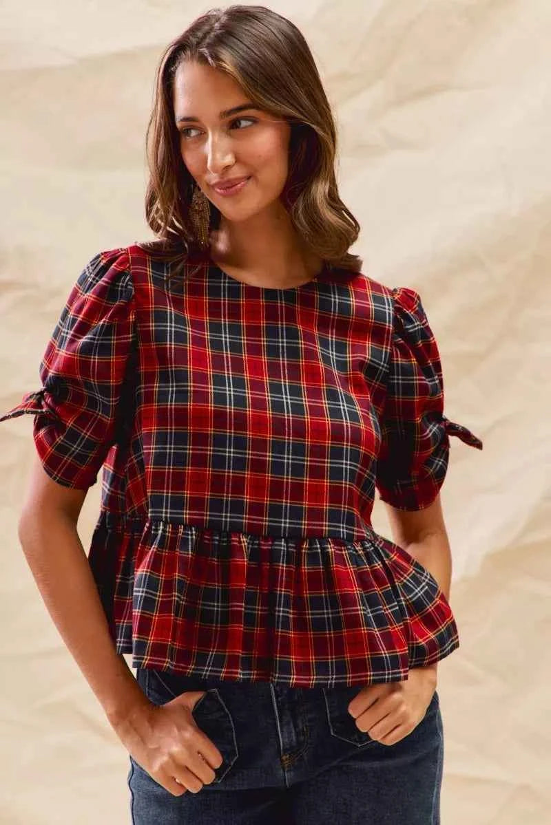 SO ME Christmas Holiday Plaid Ribbon Short Sleeves Top 03dbf20e20a64bb8b997946febb41fa2-Max-Origin