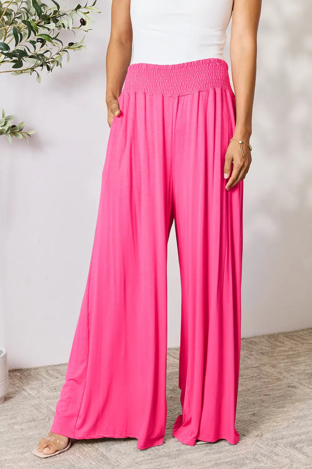 Basic Bae Full Size Smocked Wide Waistband Wide Leg Pants Hot Pink 03ebab878aab4ee99406364b0b80a570-Max