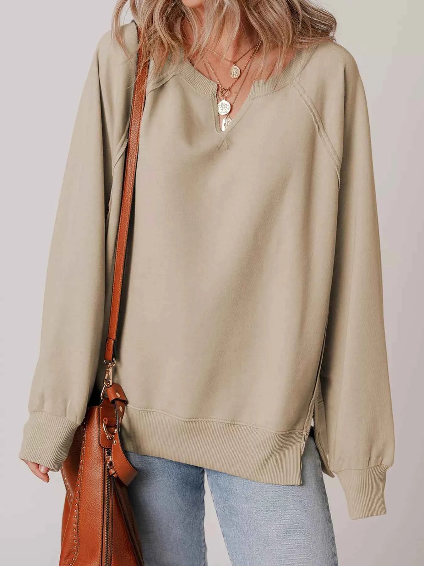 Raw Edge Exposed Seam Raglan Sleeve Side Slit Sweatshirt Beige 03f2376eeb364097becae6bcaba80d51-Max-Origin