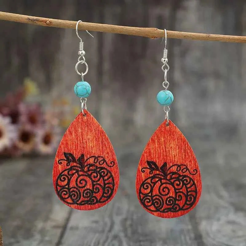 Turquoise Wooden Pumpkin Teardrop Earrings 03f5377f-da1e-4768-961f-9f91c0e18166-Max