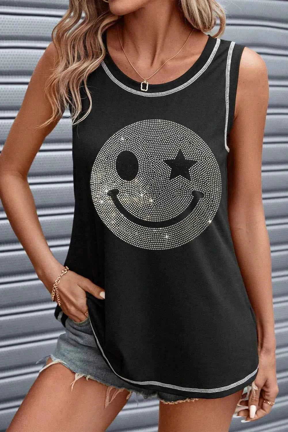 Rhinestone Smile Face Round Neck Tank 03f8b275-279b-455d-95c3-06966d72eafb-Max