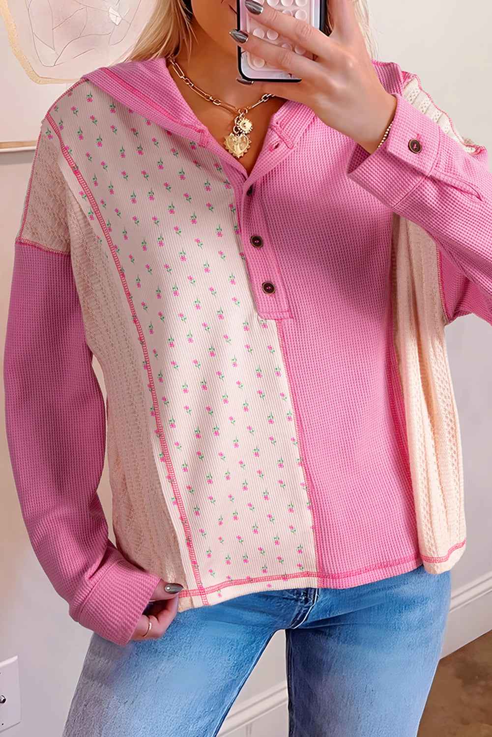 Pink Mixed Texture Waffle Floral Patchwork Hooded Oversized Pullover Top Pink 75%Polyester+25%Cotton 040279e911cc5ec3