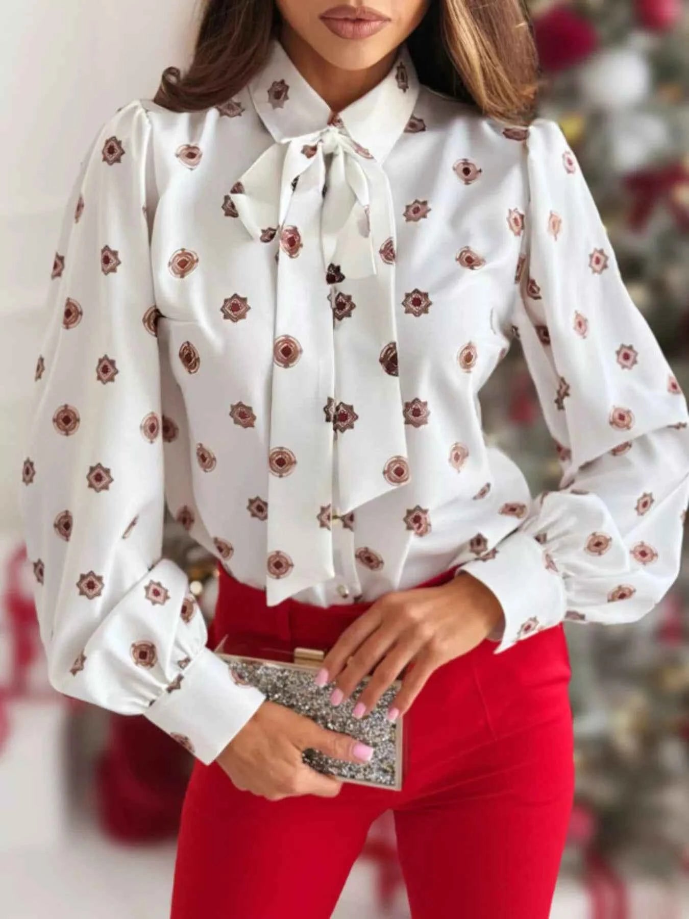 Tie Front Printed Long Sleeve Shirt White Flowers 0407bf75-46c8-4b5f-9923-7080e791f39f-Max-Origin