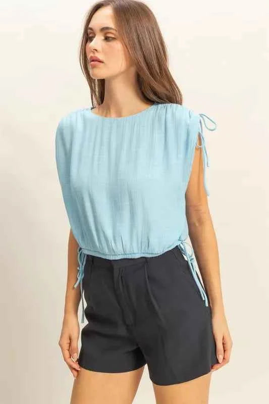 HYFVE Bubble Hem Side Tie Detail Round Neck Sleeveless Blouse 04433f9b-a2c1-40d0-bd08-f082a8a4eb61-Max