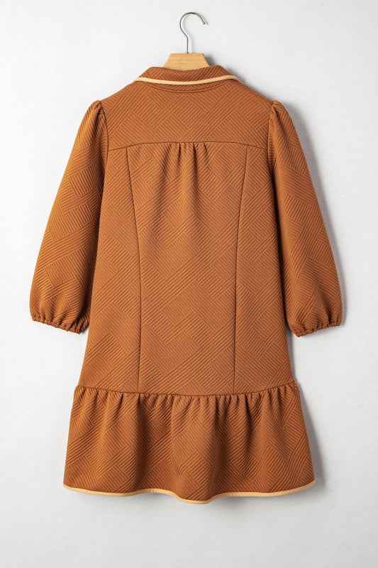 Textured Quarter Zip Collar 3/4 Sleeve Mini Dress 0455313f-657c-438f-9b4b-47c8641a840b