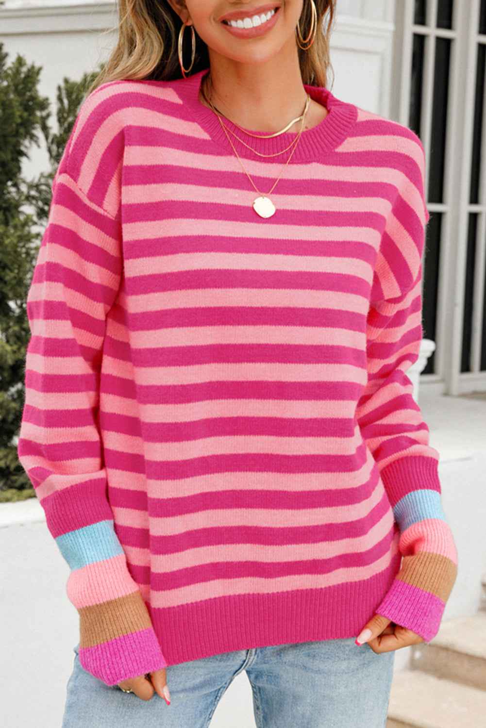 Rose Striped Round Neck Drop Shoulder Sweater Rose Stripe 04588965781d1a0f