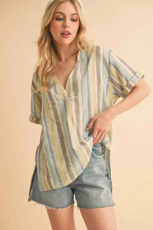 Aemi+Co Side Slit Striped Short Sleeve Blouse BLUE GREEN 045f8a9ee2694bca90dddc5c544eb92c-Max-Origin