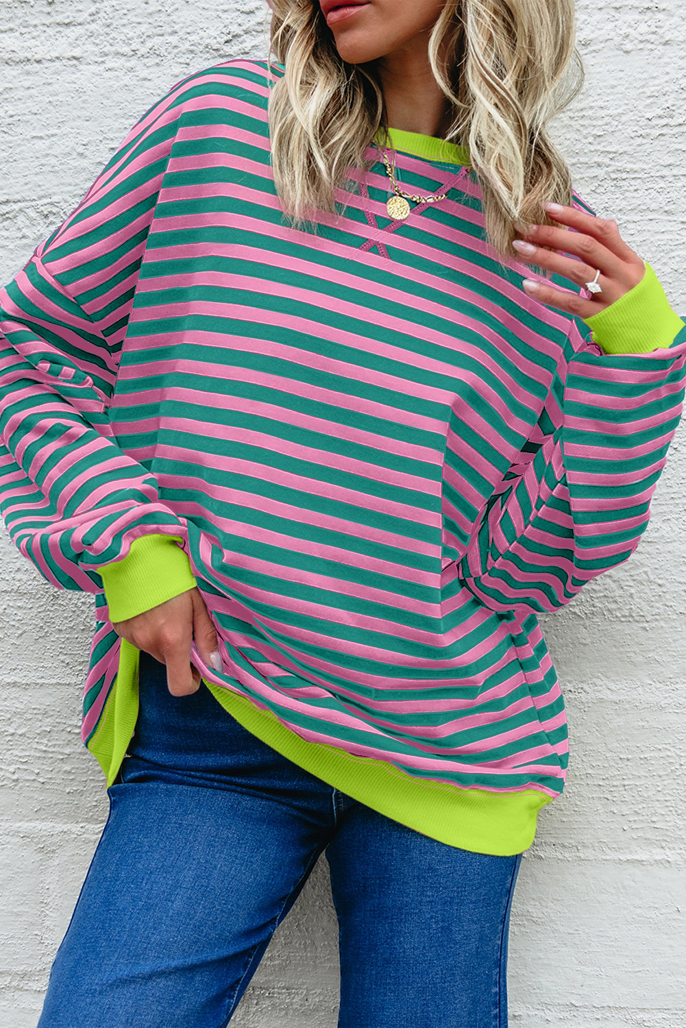 White Striped Contrast Trim Drop Shoulder Sweatshirt 0464e9d03f92ff36